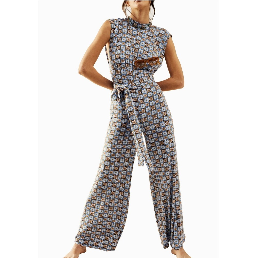 Free People Vibe Check Tie Waist Jumpsuit XL Blue Multi Floral Boho Wide Leg